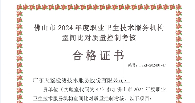 我司參加“佛山市職業(yè)病防治所”組織的能力驗證項目，結(jié)果均為“合格”