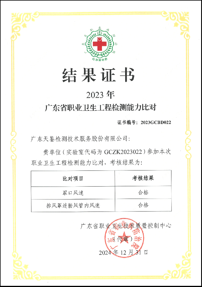 職業(yè)衛(wèi)生領(lǐng)域 2023年 廣東省職業(yè)衛(wèi)生工程檢測(cè)能力比對(duì)考核結(jié)果證書(shū) （合格）.png