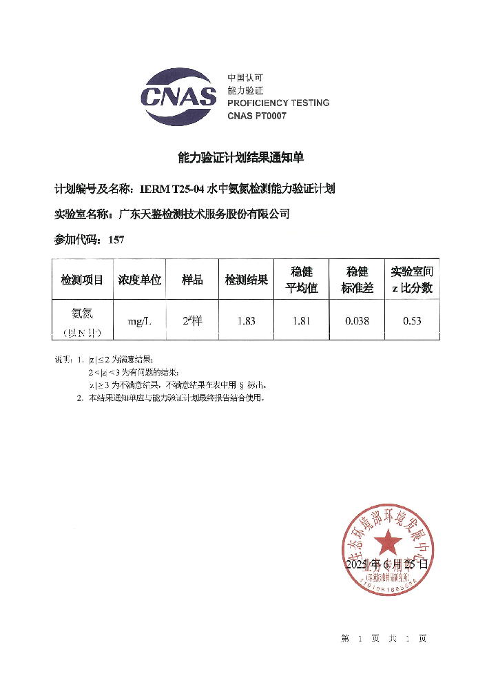 我司參加生態(tài)環(huán)境部“環(huán)境標(biāo)準(zhǔn)樣品研究”所組織的能力驗(yàn)證項(xiàng)目，結(jié)果為“滿(mǎn)意”